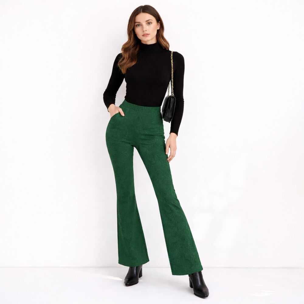 Zara Womens Green Black Jacquard Zebra Flare Pants Medium Retro Y2K Bootcut